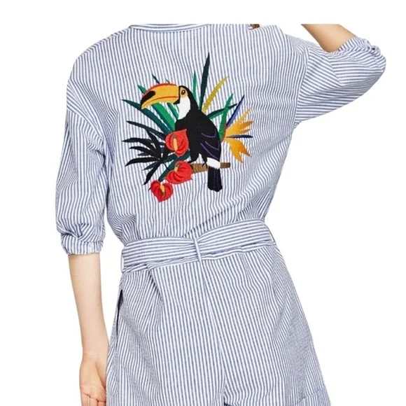 Zara romper Toucan Embroidered Seersucker striped small tropical beach summer - Picture 2 of 13